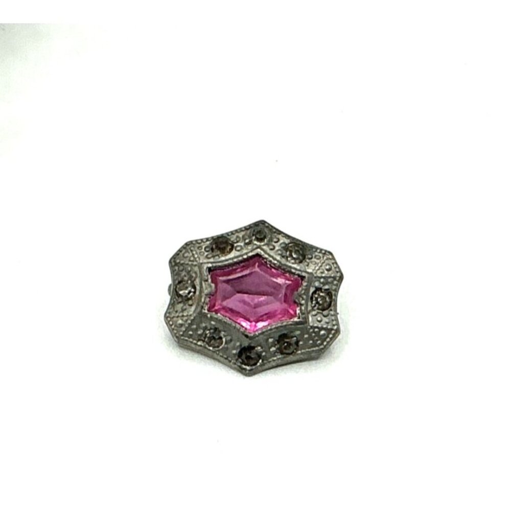 Vintage Silver-Tone Starburst Brooch With Pink Glass Center and Dark Rhinestones